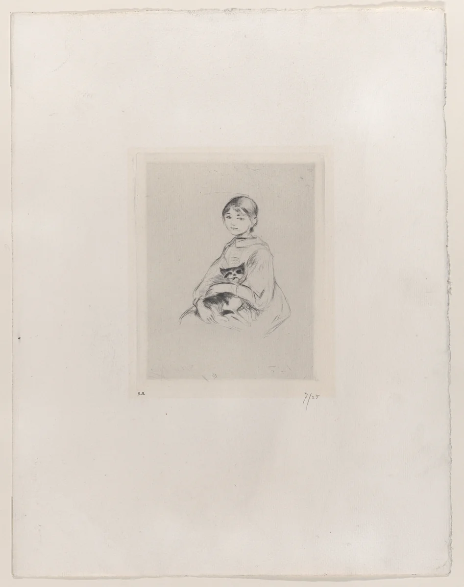 Young Girl with a Cat, after a portrait of Julie Manet by Renoir by Berthe Morisot, print, 1889