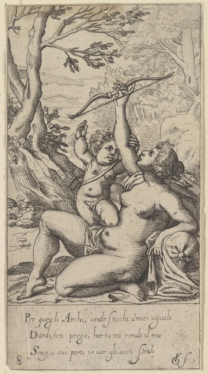 Amor vraagt aan Venus de boog by anonymous, print, 1617