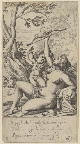 Amor vraagt aan Venus de boog by anonymous, print, 1617