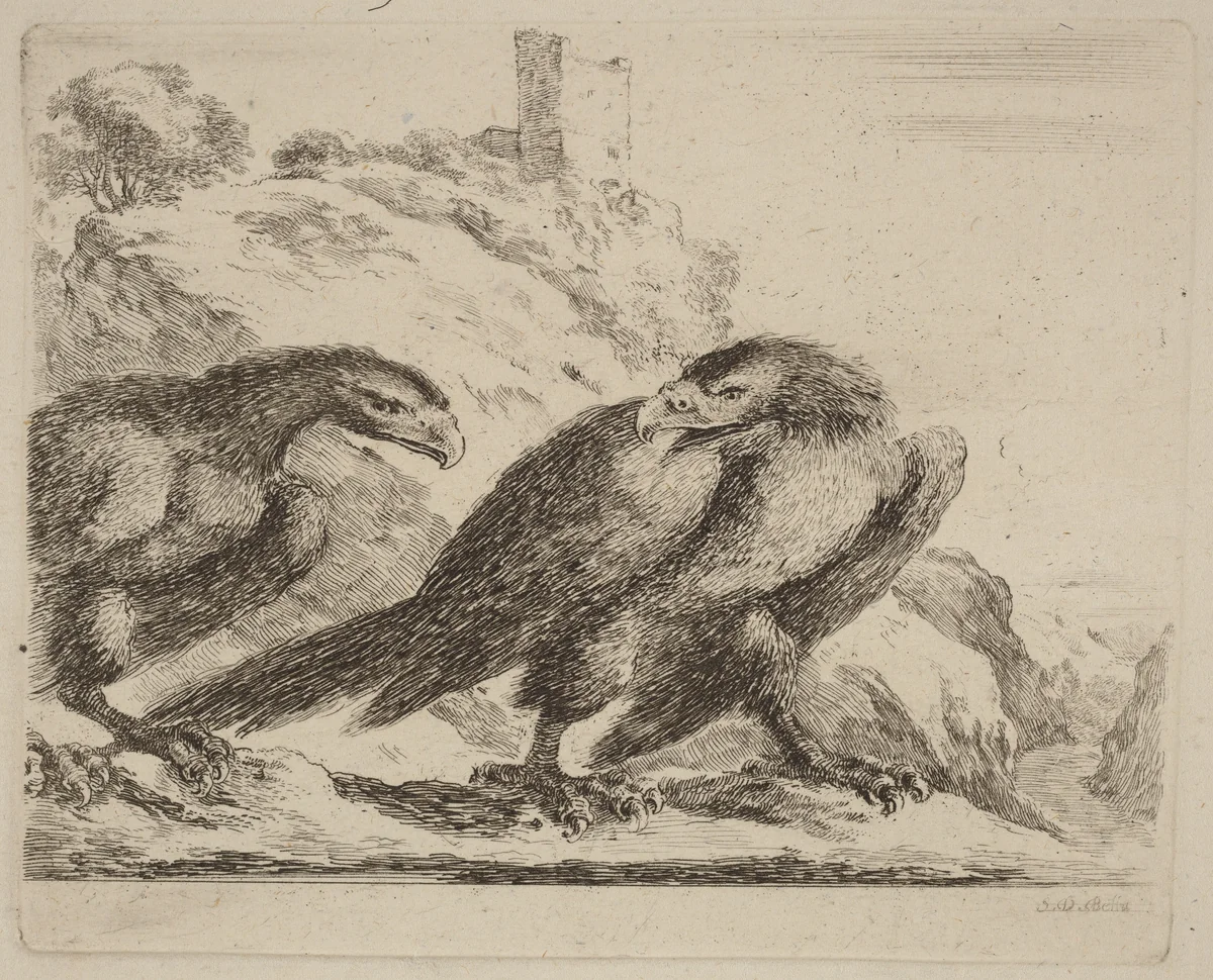 Two Eagles with Tower in Background by Stefano della Bella, print, 1610-1664