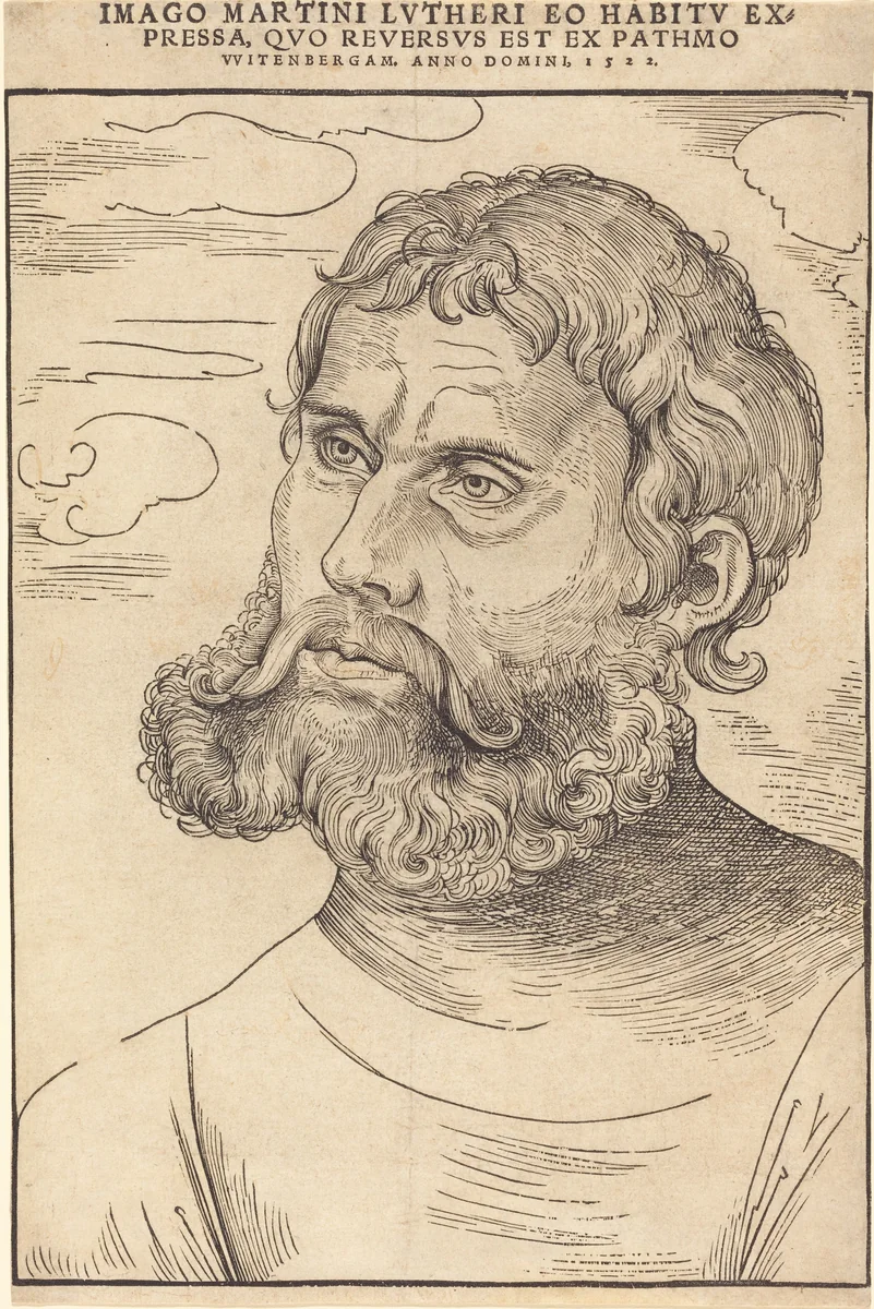Luther as 'Junker Jorg' by Lucas Cranach, print, 1522