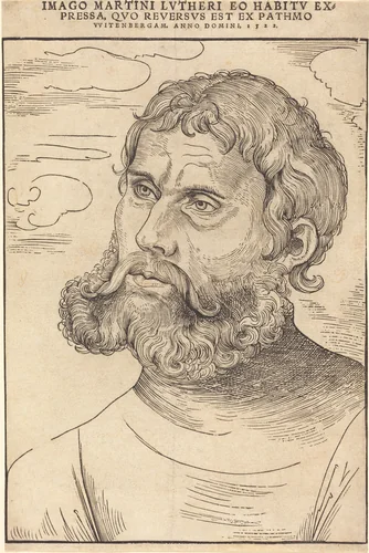 Luther as 'Junker Jorg' by Lucas Cranach, print, 1522