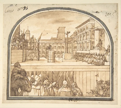 Auto-da-fé in a Courtyard by Sebastián de Herrera-Barnuevo, drawing, 1619-1671