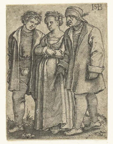 Bruidspaar en vader van de bruid by Unknown, print, 1510-1550