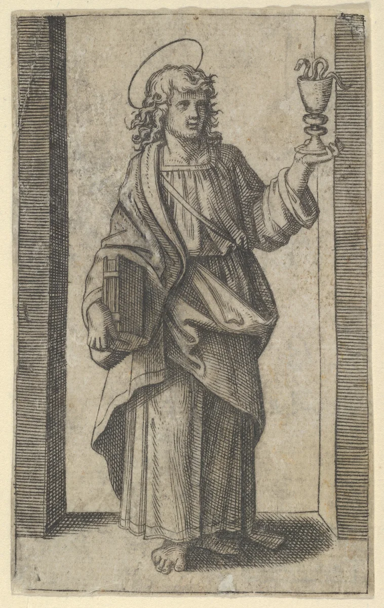 Saint John, book in right hand chalice in left, from "Piccoli Santi" (Small Saints) by Marcantonio Raimondi, print, 1495-1532