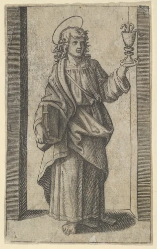 Saint John, book in right hand chalice in left, from "Piccoli Santi" (Small Saints) by Marcantonio Raimondi, print, 1495-1532