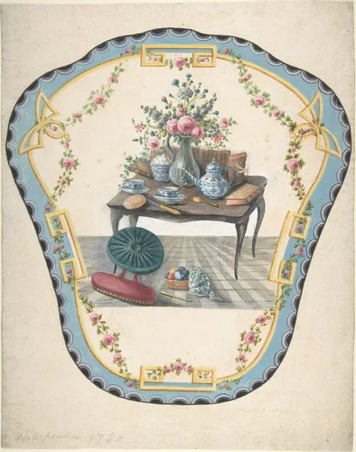 Design for a Firescreen with a Table with a Vase of Flowers, Books, and Teapot by Eugène Charpentier, drawing, 1750-1800