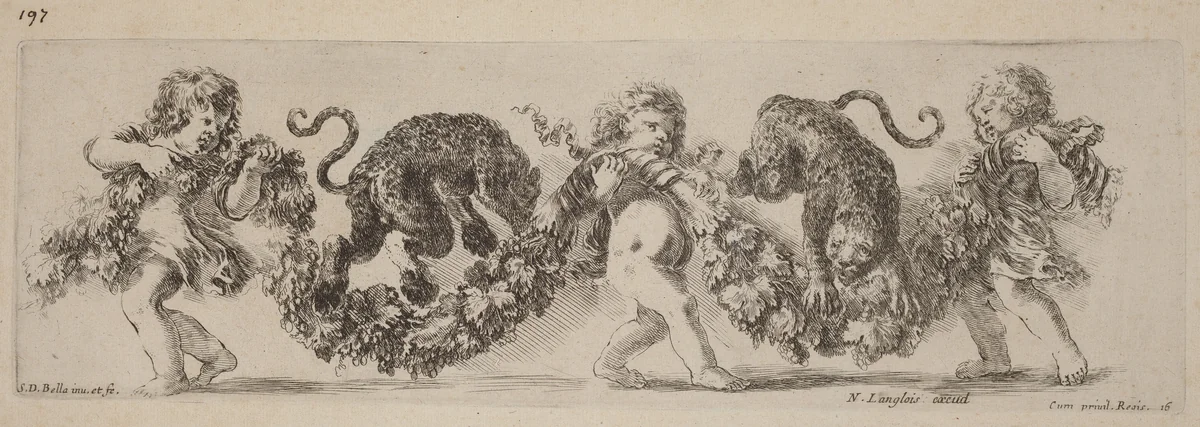 Two Leopards Jumping a Festoon Supported by Children by Stefano della Bella, print, 1648