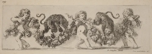Two Leopards Jumping a Festoon Supported by Children by Stefano della Bella, print, 1648