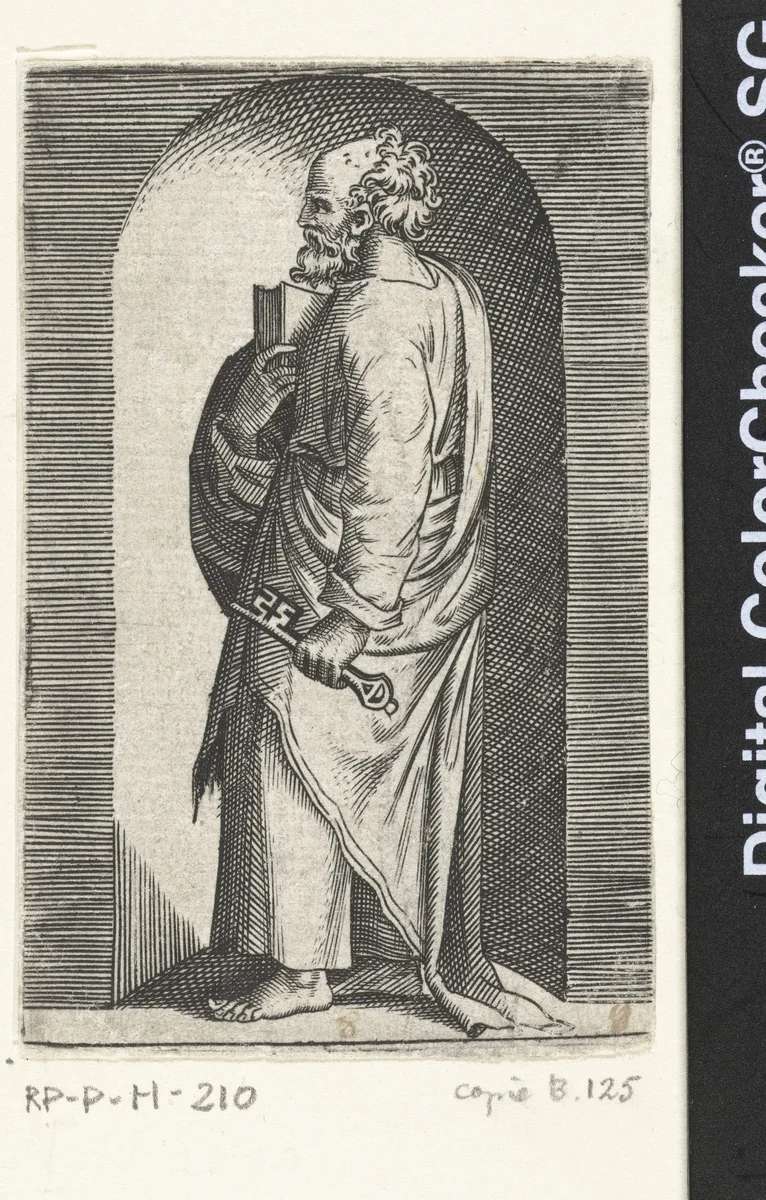 Apostel Petrus met sleutel staand in nis by anonymous, print, 1517-1577