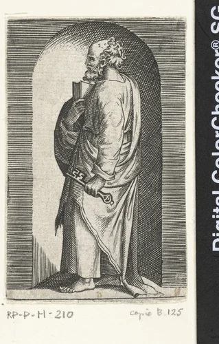 Apostel Petrus met sleutel staand in nis by anonymous, print, 1517-1577