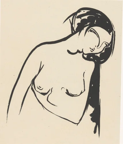 Naakte vrouw die haar borst aanraakt by Henri Jonas, print, 1888-1944