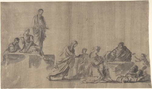 Figures Surrounding a Man Lying on the Ground; verso: A Group of Figures by anonymous, drawing, 1700-1800