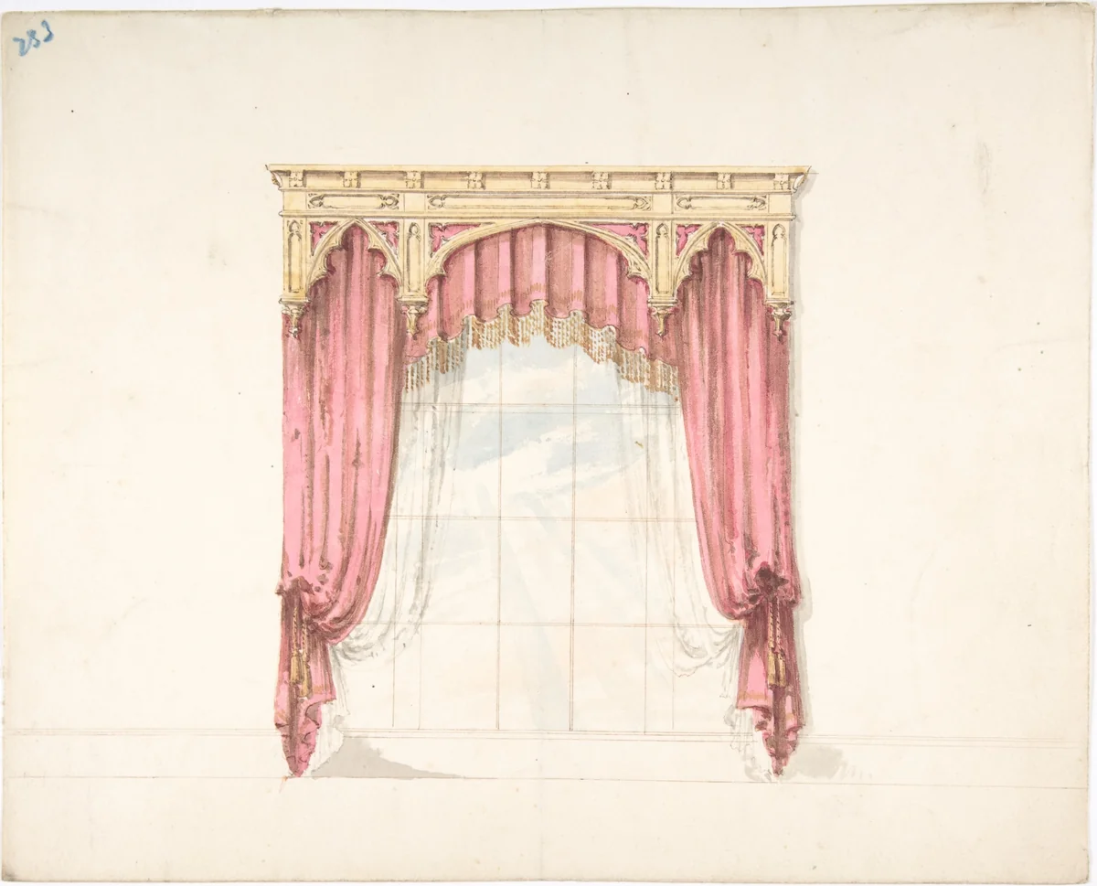 Design for Red Curtains with Gold Fringes and a Gold Gothic Pediment by anonymous, drawing, 1800-1850