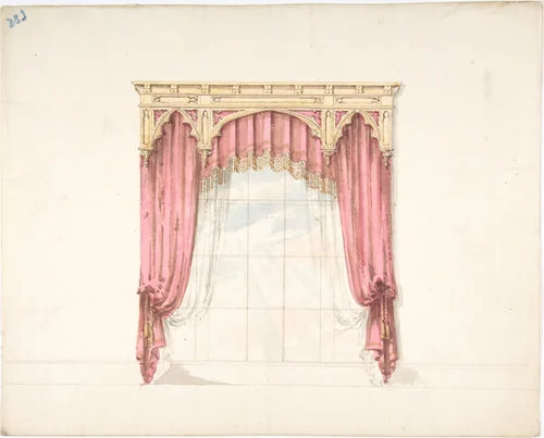 Design for Red Curtains with Gold Fringes and a Gold Gothic Pediment by anonymous, drawing, 1800-1850