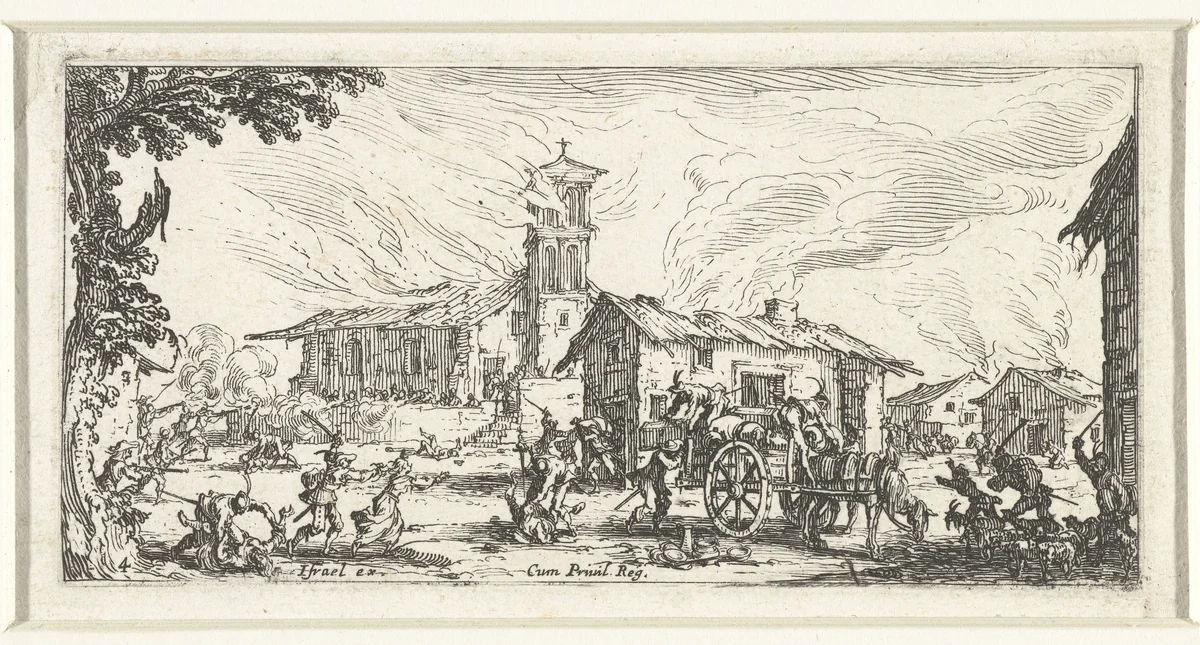 Soldaten plunderen een dorp by Jacques Callot, print, 1632-1636