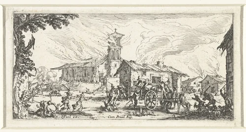 Soldaten plunderen een dorp by Jacques Callot, print, 1632-1636