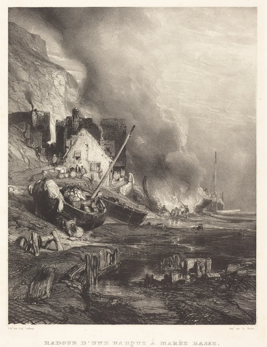 Radoub d'une Barque à la Marée Basse (Refitting of a Ship at Low Tide) by Eugène Isabey, print, 1833