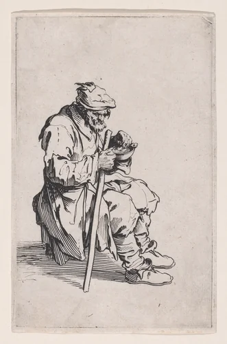 Le Gueux Assis et Mangeant (The Beggar Sitting and Eating), from "Les Gueux suite appelée aussi Les Mendiants, Les Baroni, ou Les Barons" (The Beggars, also called the Barons) by Jacques Callot, print, 1618-1628
