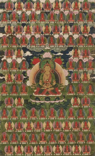 Painted Banner (Thangka) of Amitayus Buddha Surrounded by One Hundred Buddhas by Tibet, painting, 1801-1900