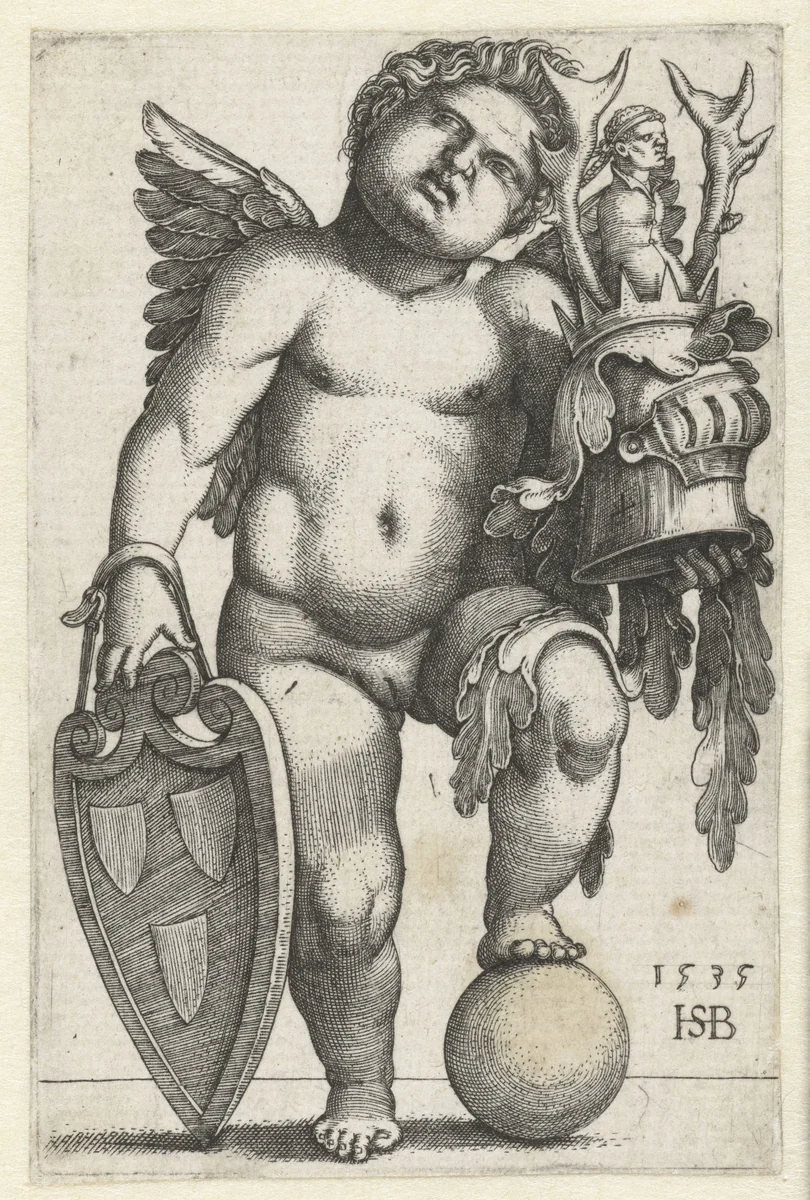 Vrouwelijke putto met wapen op een schild by Unknown, print, 1535