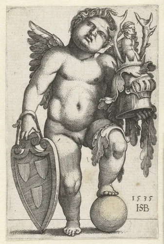Vrouwelijke putto met wapen op een schild by Unknown, print, 1535