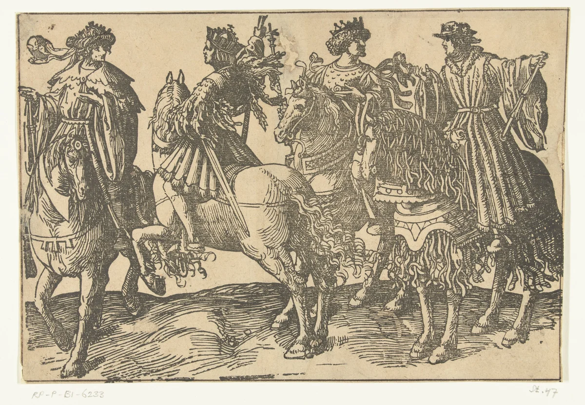 Een groep van vier ruiters by Unknown, print, 1518-1533