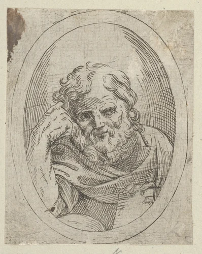 An apostle resting his head on his right hand and holding a book, in an oval frame, from "Christ, the Virgin, and Thirteen Apostles" by anonymous, print, 1595-1645
