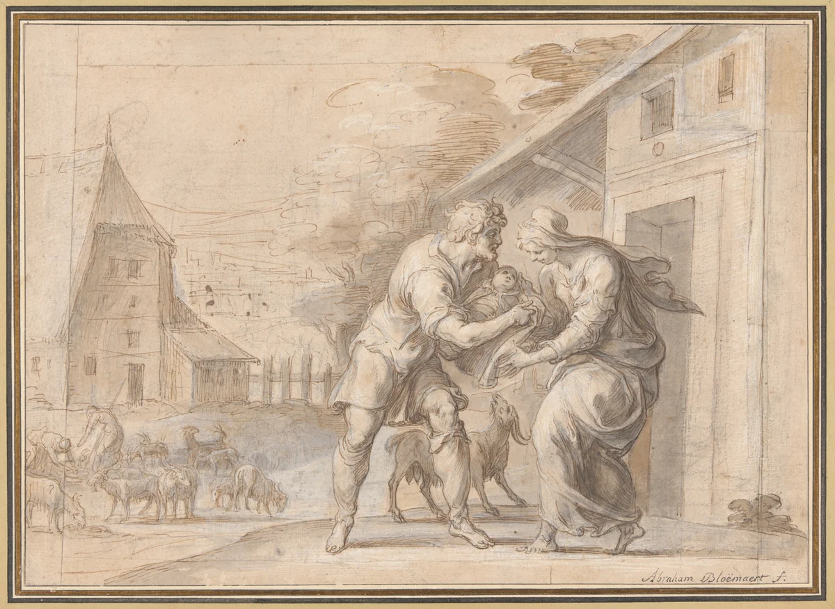 The Goatherd Lamon Handing the Infant Daphnis to His Wife Myrtele by Ambroise Dubois, drawing, 1606-1614