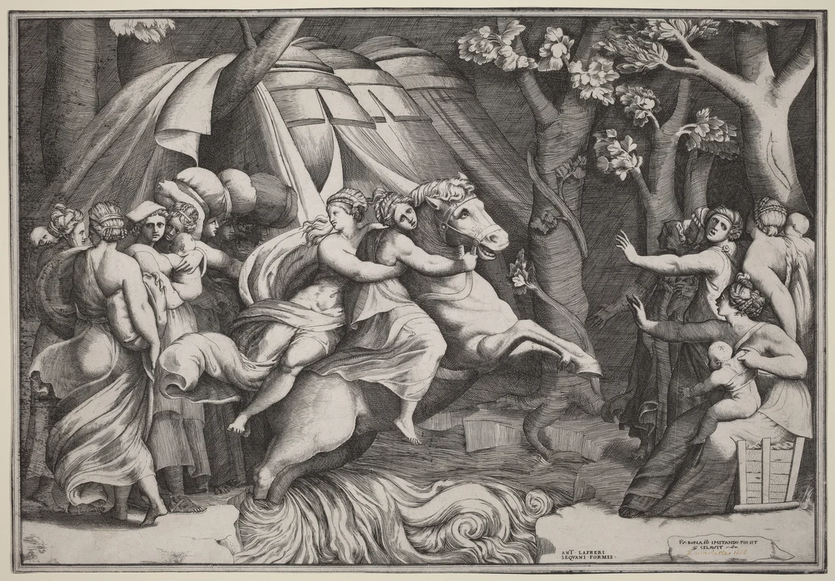 Clelia Crossing the Tiber by Giulio Bonasone; Polidoro da Caravaggio, print, 1545