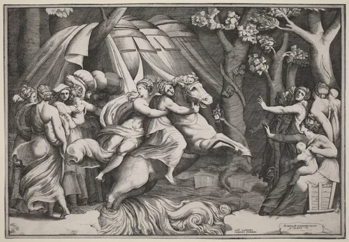 Clelia Crossing the Tiber by Giulio Bonasone; Polidoro da Caravaggio, print, 1545