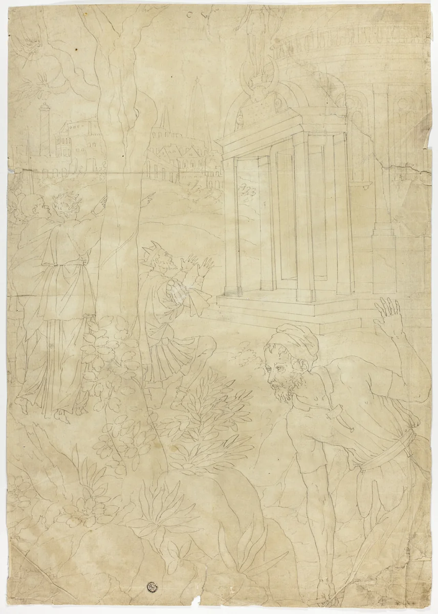 Agamemnon Kneeling in Front of the Temple of Diana by Charles Carmoy, drawing, 1530-1610