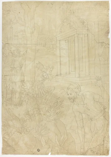 Agamemnon Kneeling in Front of the Temple of Diana by Charles Carmoy, drawing, 1530-1610