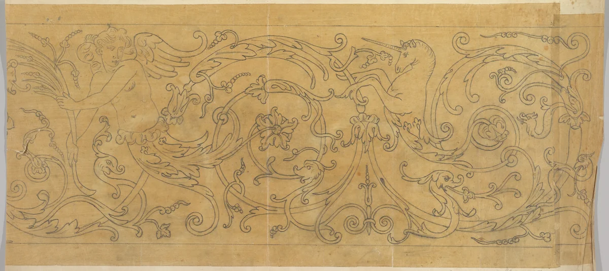 Rinceau Border with Unicorn and Inlay on copper, Italian 18th century by John Gregory Crace, drawing, 1825-1900