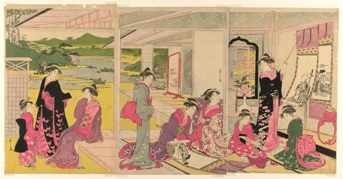 Women Viewing Scroll Paintings of the Gods of Good Fortune by Chobunsai Eishi, print, 1775-1829