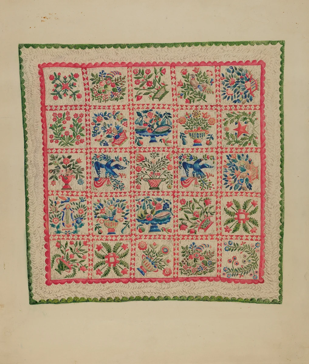 Applique Quilt by Marian Curtis Foster, index of american design, 1935-1942