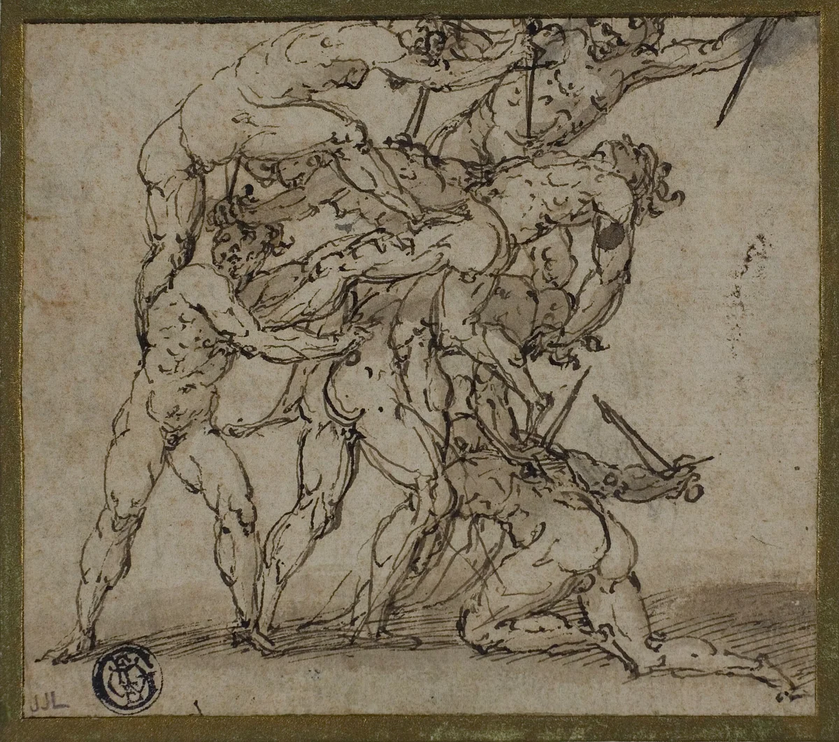 Male Nudes Locked in Combat with Daggers by Unknown Artist, drawing, 1580-1599