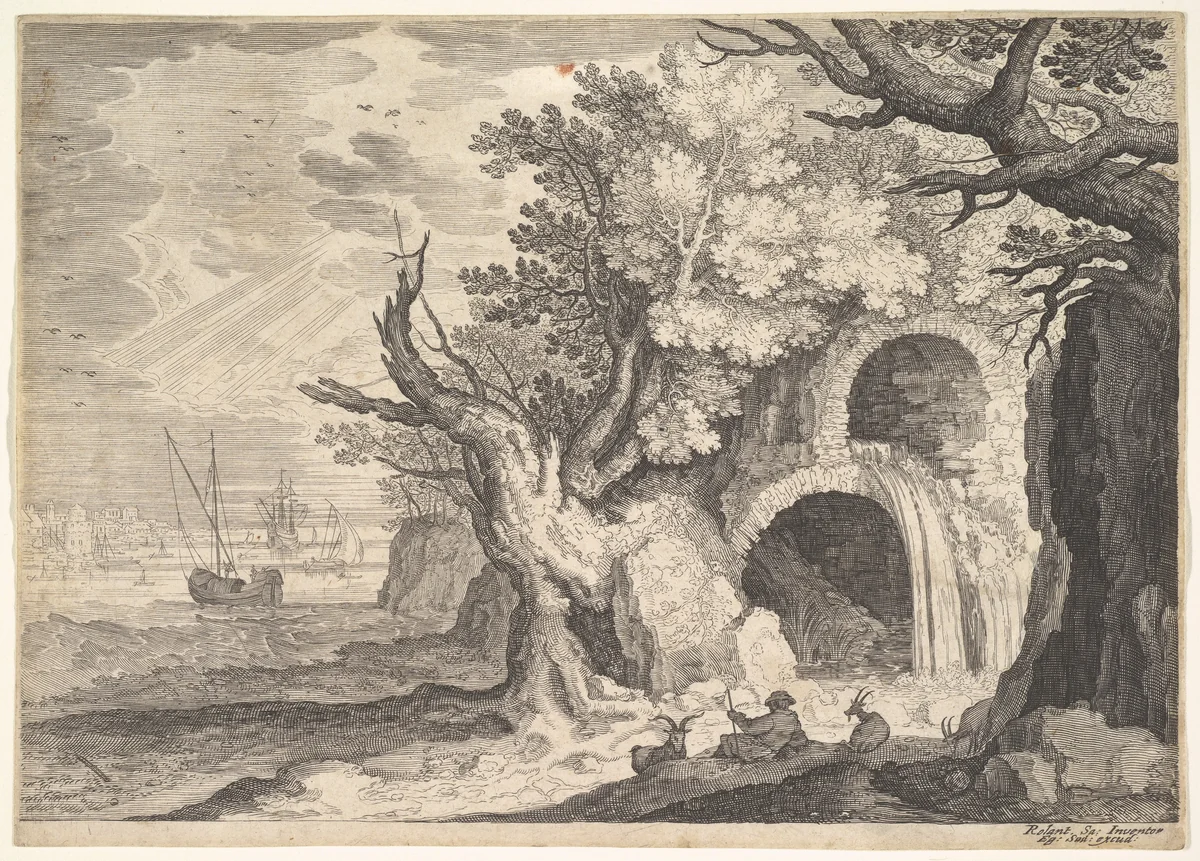 Ruined aqueduct with water spilling from it to a stream below, ships at sea beyond, a man reclining on the ground with three goats in the foreground, from "Six Landscapes in Tyrol" by Roelandt Savery, print, 1600
