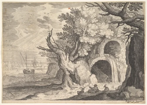 Ruined aqueduct with water spilling from it to a stream below, ships at sea beyond, a man reclining on the ground with three goats in the foreground, from "Six Landscapes in Tyrol" by Roelandt Savery, print, 1600