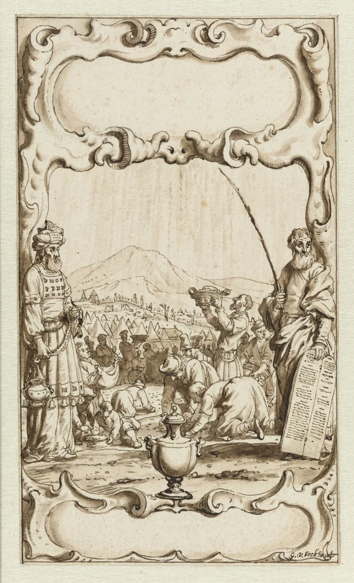Titelbladontwerp met de inzameling van het manna by Gerbrand van den Eeckhout, drawing, 1667-1669
