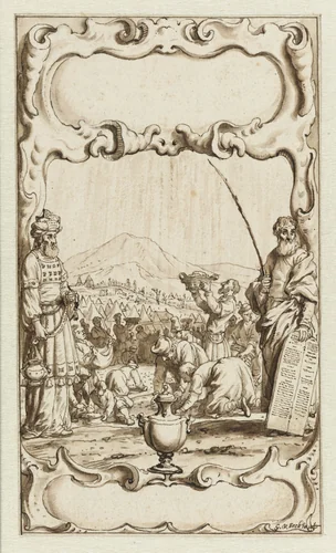 Titelbladontwerp met de inzameling van het manna by Gerbrand van den Eeckhout, drawing, 1667-1669