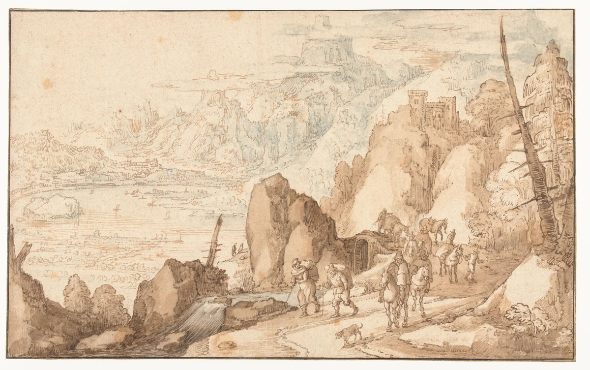 Landschap met reizigers by Joos de Momper, drawing, 1574-1635