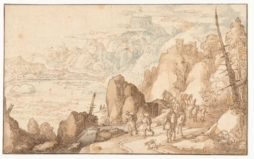 Landschap met reizigers by Joos de Momper, drawing, 1574-1635