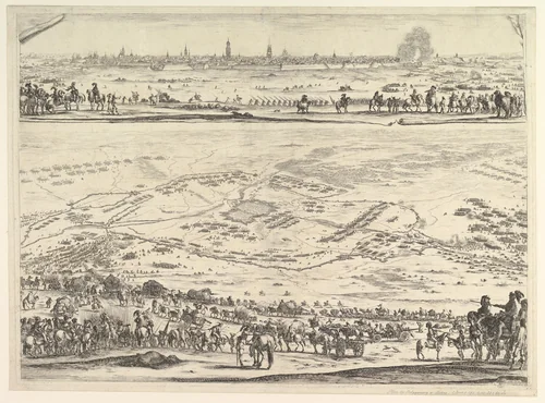 Plan and view of the siege of Arras: lower part of the plate with a topographical view with troops in the foreground descending a hill, upper part of the plate with a view of the town by Stefano della Bella, print, 1641