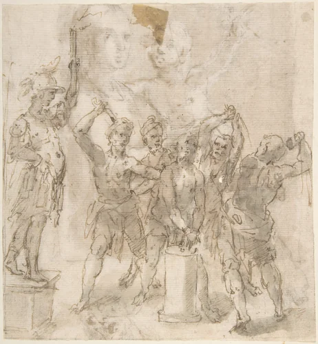 The Flagellation of Christ (recto); Madonna and Child and Unrelated Figure Studies (verso) by anonymous, drawing, 1600-1700