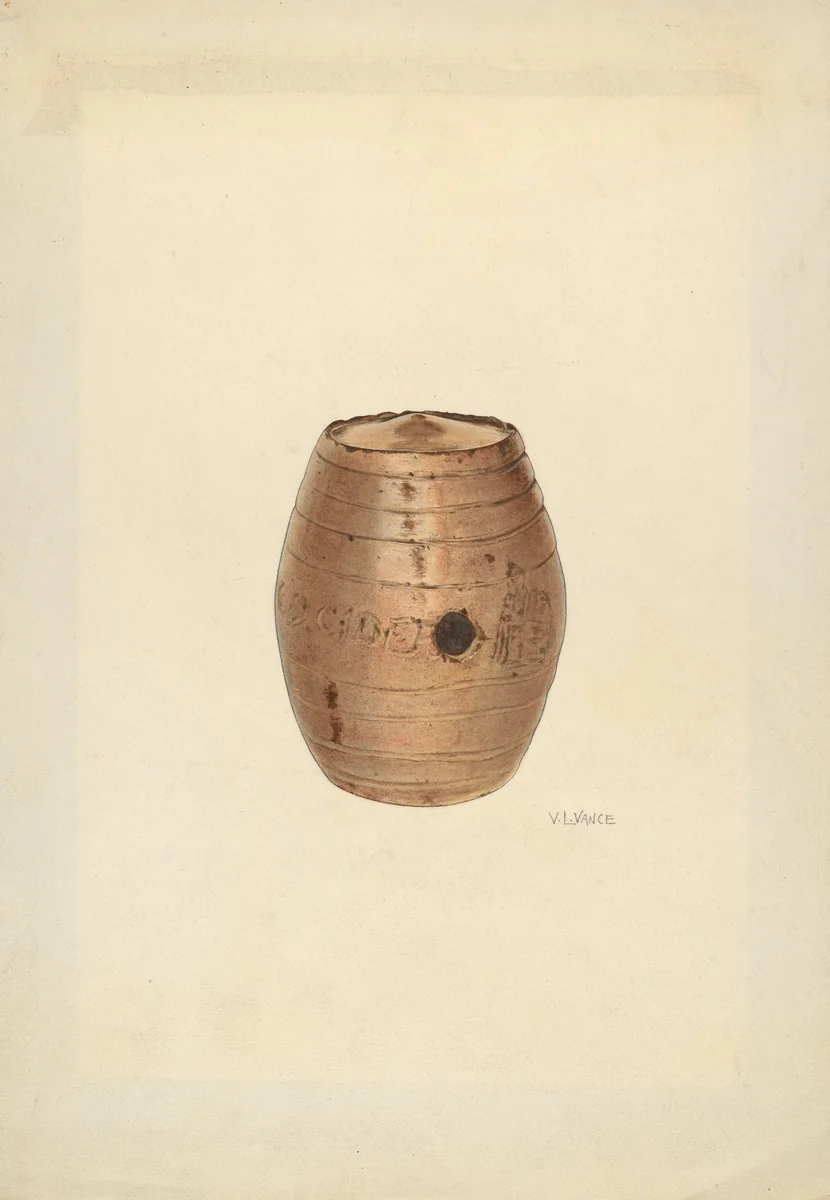 Stoneware Flask in Barrel Form by V.L. Vance, index of american design, 1940