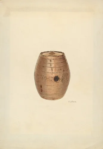 Stoneware Flask in Barrel Form by V.L. Vance, index of american design, 1940