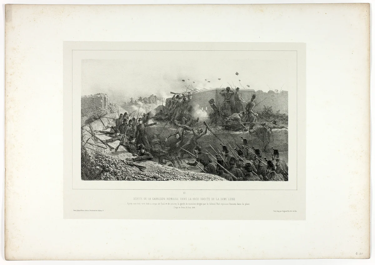 Sortie of the Roman garrison..., from Souvenirs d’Italie: Expédition de Rome by Denis Auguste Marie Raffet, print, 1854