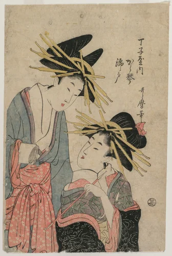 The Courtesans Karagoto and Nishikido of Chojiya by Kitagawa Utamaro II, print, 1807-1809