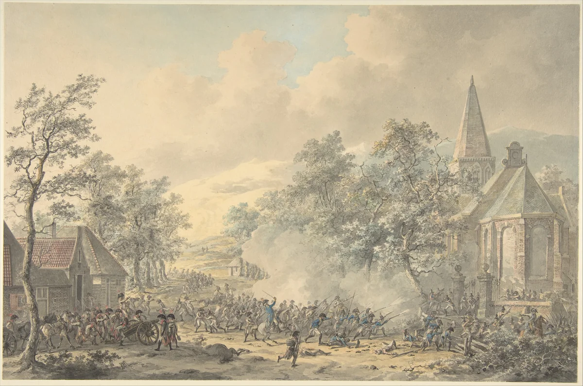 Battle Scene with Church at right by Dirk Langendijk, drawing, 1790-1800